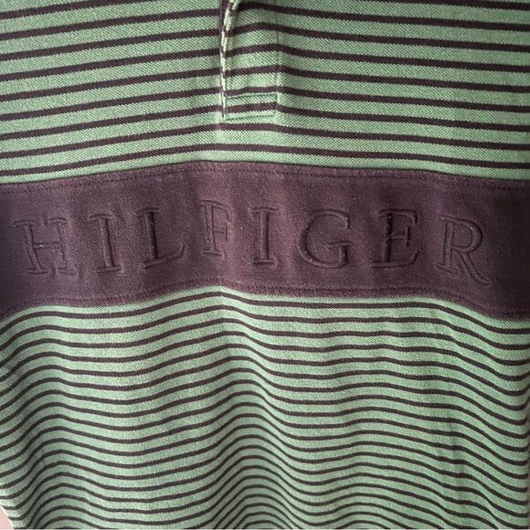 Tommy Hilfiger Men's Slim Fit Essential Stripe Polo Green and Blue - Picture 3 of 6